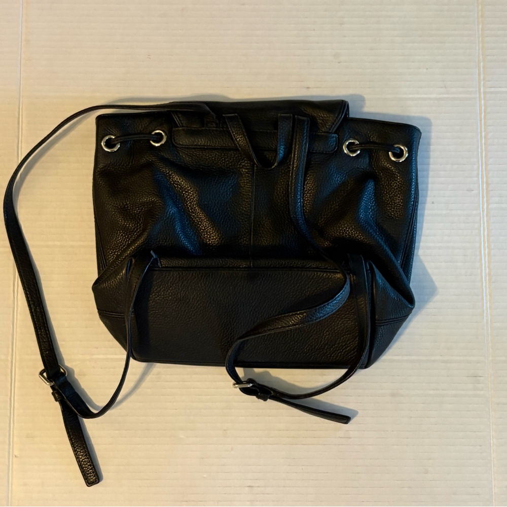 Kate Spade Flap Backpack Black Pebbled Leather Drawstring Bag - Picture 3 of 7